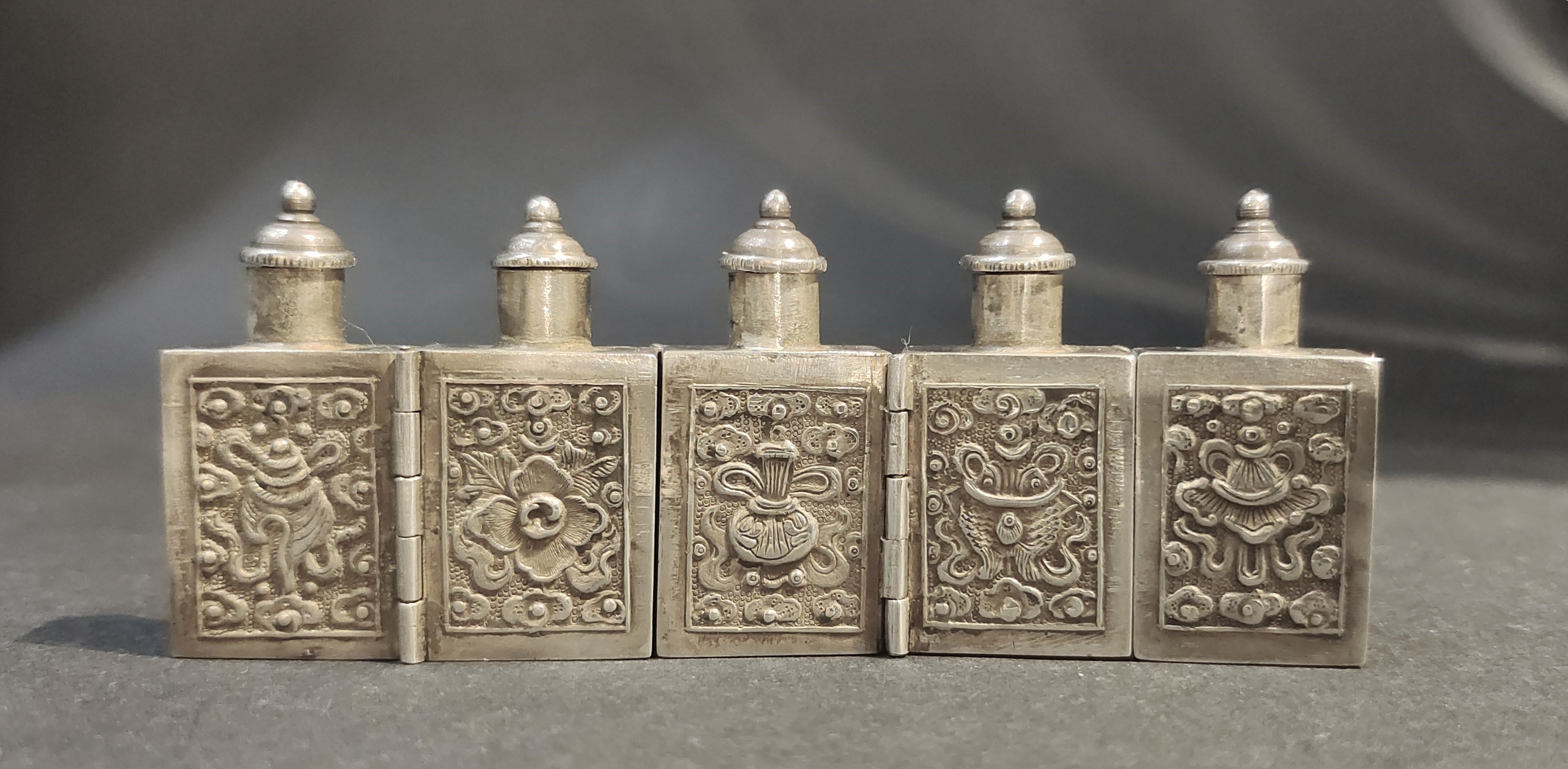 A silver five cased medecine bottlle and snuff bottle 1850/1900